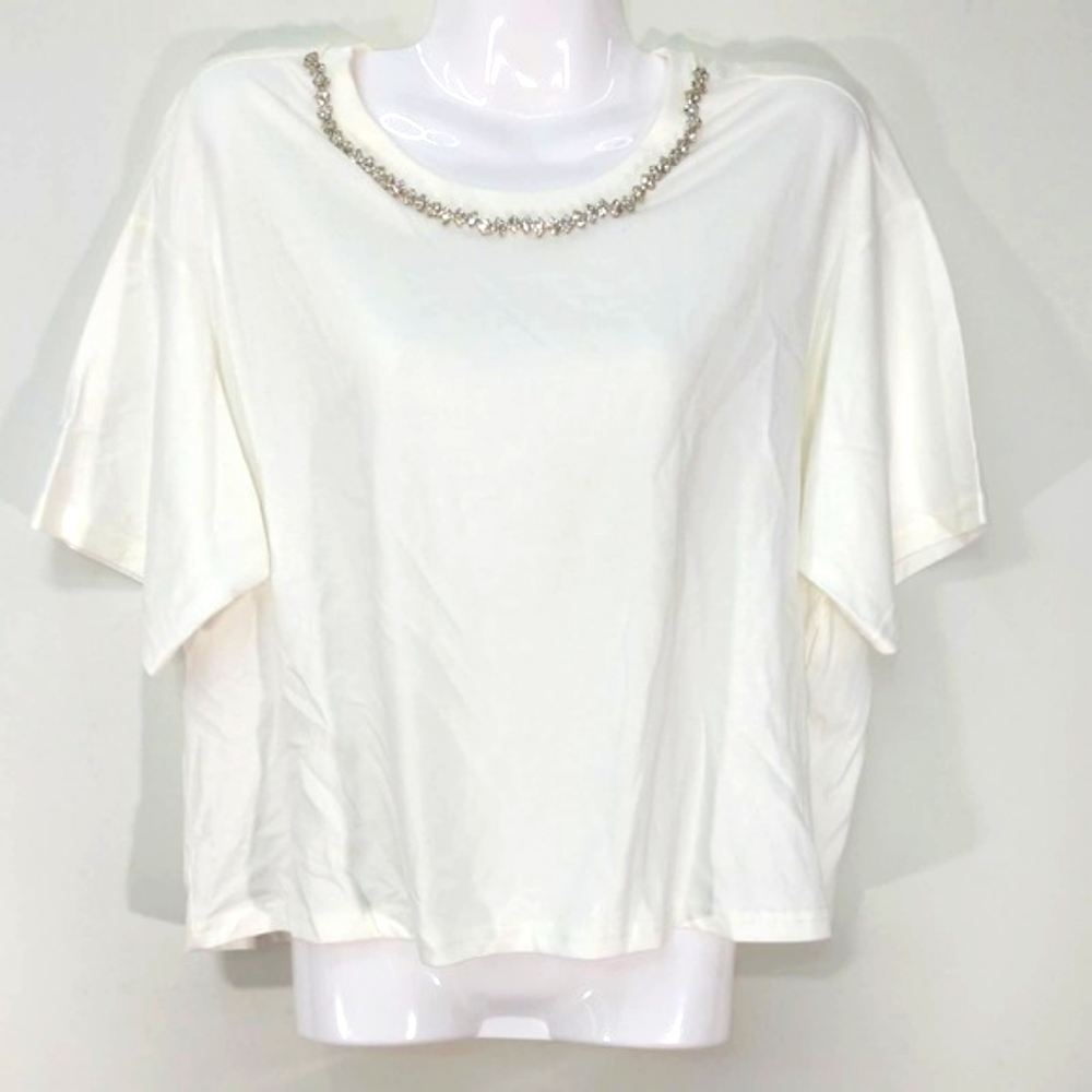 On Twelfth Womens Blouse Shirt Top White Jewelled Neckline L
